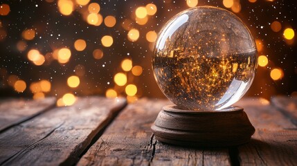 Poster - Enchanting crystal ball illuminating rustic wooden surface with warm bokeh lights creating mystical atmosphere