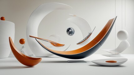 Aufkleber - Abstract Composition of Floating Orange and White Geometric Shapes in a Minimalist Setting