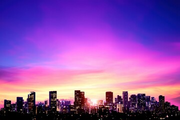 Poster - Silhouetted city skyline under colorful sky pink purple orange vivid cityscape twilight urban highrises scenic