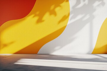 Poster - Abstract wall art with colorful geometric design leaf shadow play sunlight on cement floor artistic texture