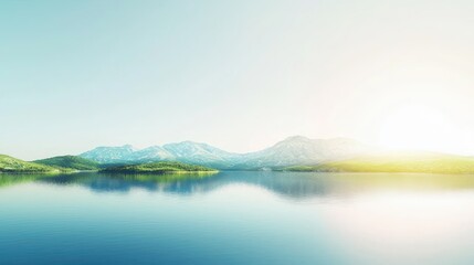 Poster - Serene Lake View with Distant Mountains Reflecting in Calm Water Under Bright Sky for Peaceful Nature Scenery