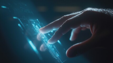 Poster - Hand interacting with futuristic virtual reality interface advanced technology modern screen cyber space glowing