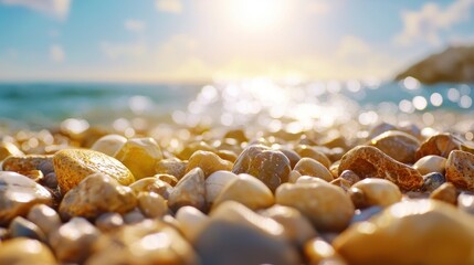 Poster - Serene Beachscape with Smooth Pebbles Reflecting Sunlight on Calm Ocean Water a Tranquil Coastal Scene