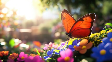 Poster - Vibrant orange butterfly gracefully perched on a colorful flowerbed bathed in warm sunlight creating a serene and enchanting spring scene