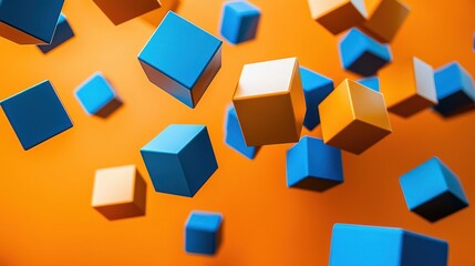 Fototapete - Abstract composition of floating cubes in blue and orange tones on a vibrant background creating a dynamic and modern visual effect ideal for technology and innovation