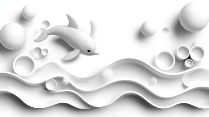 Poster - Serene white dolphin sculpture amidst abstract waves and spheres creating a minimalist and modern aesthetic with a clean and bright background