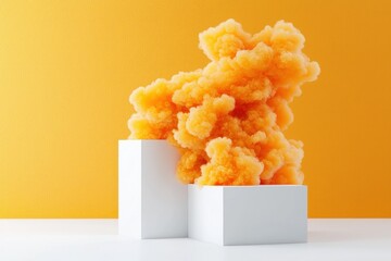 Fototapete - Abstract orange cloud on white blocks with bright yellow background conceptual scene