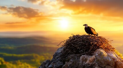Poster - Majestic bald eagle perched atop a rocky nest at sunset overlooking a serene landscape with golden light and blurred background