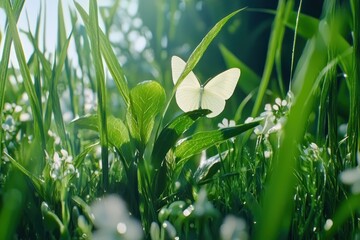 Poster - Serene meadow scene featuring a delicate white butterfly perched among lush green grass and tiny white wildflowers sunny day