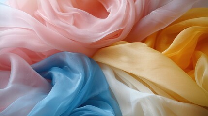 Fototapete - Pastel chiffon fabric arrangement in pink blue yellow and white tones creating soft abstract texture and flowing lines for delicate background