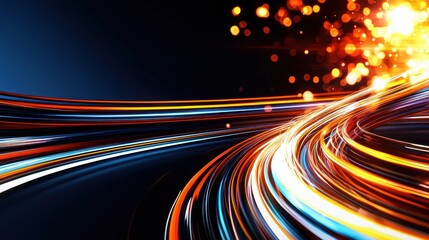 Poster - Dynamic Light Trails on Dark Background Abstract Visuals of Speed and Energy with Bokeh Effect and Futuristic Design