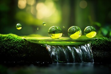 Poster - Spheres Reflecting Forest Scenery Above Clear Stream Serene Nature Photo Green Moss Dark Background