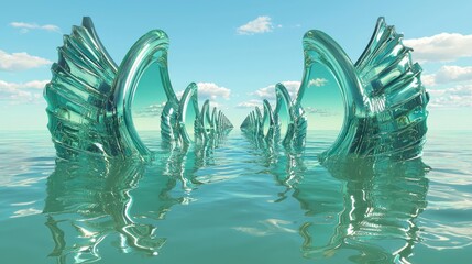 Poster - Serene Teal Waterway with Glass Archways Reflecting Sky and Clouds in a Dreamlike Landscape Perspective