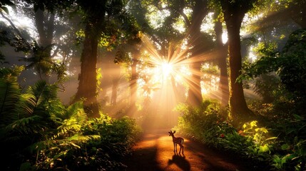 Poster - Radiant Sunlight Illuminating Lush Green Forest Path with a Fawn Silhouette Creating a Serene and Enchanting Nature Scene