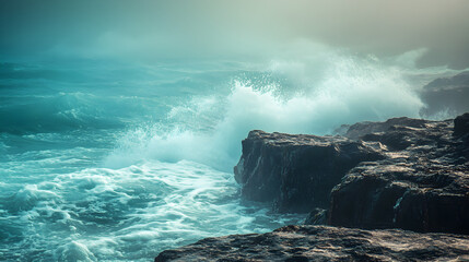  onto a rocky shoreline, captured in a dreamy, misty blur 