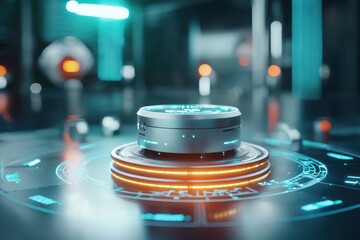 Poster - Futuristic silver device with blue glowing lines on circular platform in dark sci fi laboratory