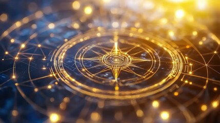 Poster - Golden Compass Rose on Dark Blue Background, Navigation Concept, Abstract Design, Artistic Style, Depth of Field, Warm Light, Close Up, Geometric Pattern