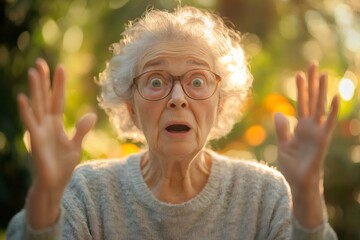 surprised senior woman raising hands in amazement looking at camera in the garden