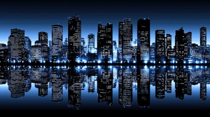 Poster - Dramatic cityscape at night reflecting in calm water creating a serene urban scene with modern architecture and illuminated buildings