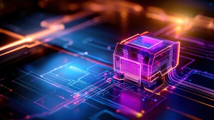Fototapete - Futuristic Microchip Technology with Glowing Neon Circuits and Data Streams for Artificial Intelligence and Quantum Computing