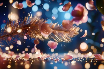 Leinwandbilder - Ethereal feather and falling petals create a dreamy and romantic scene with soft bokeh lights in a blue background