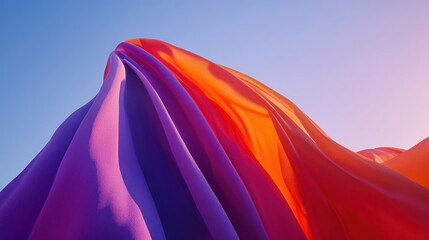 Fototapete - Abstract fabrics merge against a clear sky showcasing red orange purple hues in a flowing modern art style