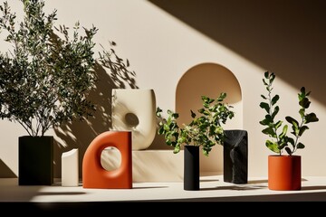 Poster - Modern Composition of Decorative Vases with Greenery Against a Beige Backdrop in a Studio Setting Under Soft Lighting