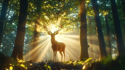 Poster - Majestic deer standing in sunlit forest clearing with ethereal light rays creating a serene and enchanting woodland scene capturing nature's beauty