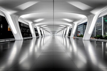 Poster - Perspective of a Futuristic White Tunnel with Reflective Floor and Urban Skyline in the Background