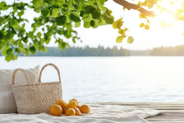 Poster - Tranquil lakeside picnic scene with orange fruits and straw bag under a leafy tree on summer day