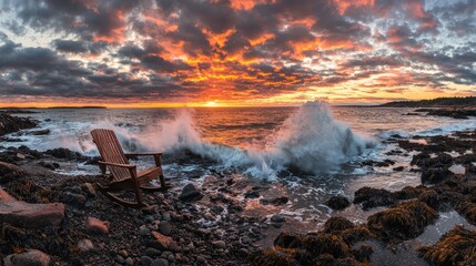 Poster - Coastal Serenity at Sunrise Ocean Waves Crashing Against Rocky Shoreline with Wooden Adirondack Chair Calm and Relaxing Nature Scene