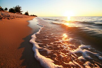 Poster - Golden hour beach paradise vibrant sunlight reflecting on gentle waves serene coastal scene and nature