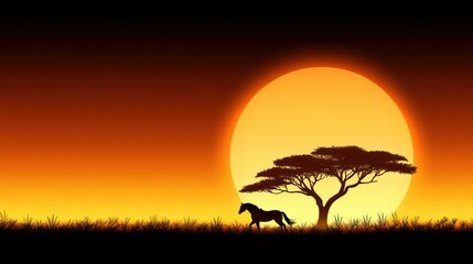 Poster - Majestic silhouette of horse under acacia tree against vibrant african sunset landscape serene nature scene
