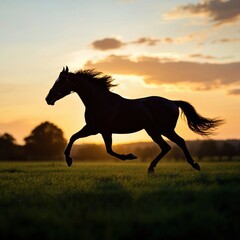 Poster - Majestic horse silhouette galloping freely across green field at sunset with golden sky and dramatic clouds