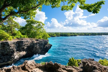 Poster - Serene coastal vista a tropical island paradise blue ocean rocky cliffs vibrant foliage azure sky sunny tranquil