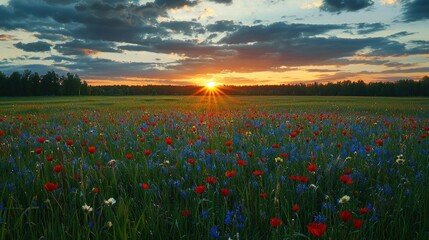 Poster - Serene sunset over vibrant wildflower meadow with red poppies and blue cornflowers in summer landscape