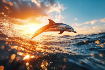 Poster - Dolphin leaps from ocean at sunset creating splash with golden light reflecting on water surface serene scene