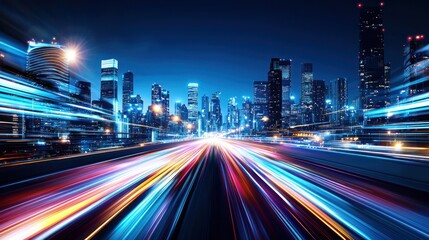Poster - Dynamic urban cityscape at night with vibrant light trails showcasing modern architecture and fast moving traffic creating a sense of speed and innovation
