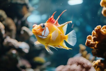 Poster - Captivating golden fish swimming in an aquarium tank amid corals with a soft blurry background
