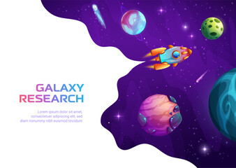 Wall Mural - space landing page. rocket spaceship in outer space of cartoon galaxy with fantasy planets, stars an