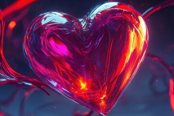 Wall Mural - holographic ruby heart pulsing with neon streaks, floating against a stark white void, sharp edges, 