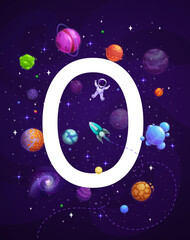 cartoon space letter o font of vector kids alphabet. astronaut, rocket or spaceship with futuristic 