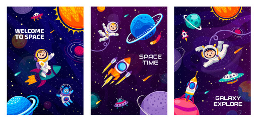 Wall Mural - cartoon space posters. astronauts, spaceship and rocket, alien and ufo, starry galaxy, planets and c