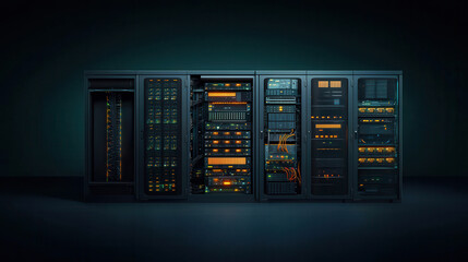 Wall Mural - Sleek data center visualization featuring illuminated server racks and equipment. modern design showcases advanced technology and organization