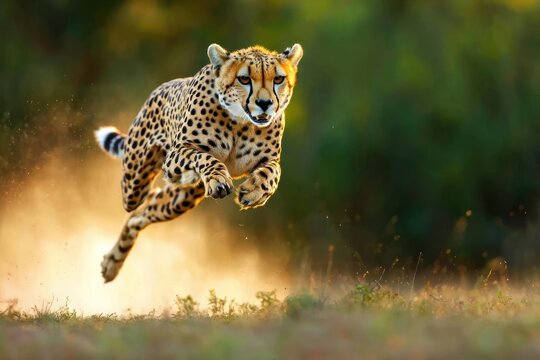 majestic cheetah sprints across golden savanna plains with focused gaze in wildlife photography styl