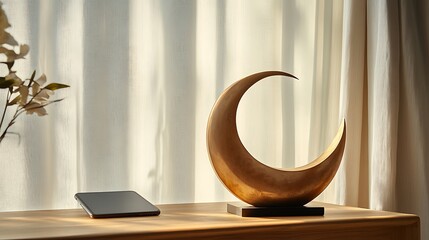 Canvas Print - Wooden crescent moon sculpture on a table with a tablet, near sheer curtains, in sunlight.