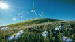 © s - dynamic image of a row of wind turbines under a clear blue sky, with wildflowers in the foreground gently swaying in the breeze, highlighting the concept of clean energy