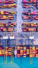 Fototapete - Time lapse of cranes loading and unloading containers from a cargo ship at a deep-sea port. Vertical clip.