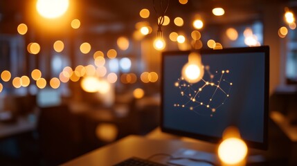 A glowing digital flowchart illuminates a sleek monitor in a dimly lit office, showcasing the intricate web of connections driving contemporary business dynamics