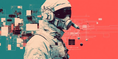 Figure in protective suit and mask against digital backdrop